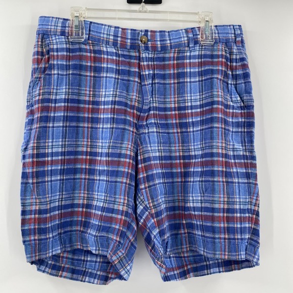 Peter Millar Mens Sz35 Blue Red Plaid 100% Linen Golf Shorts - Picture 5 of 6